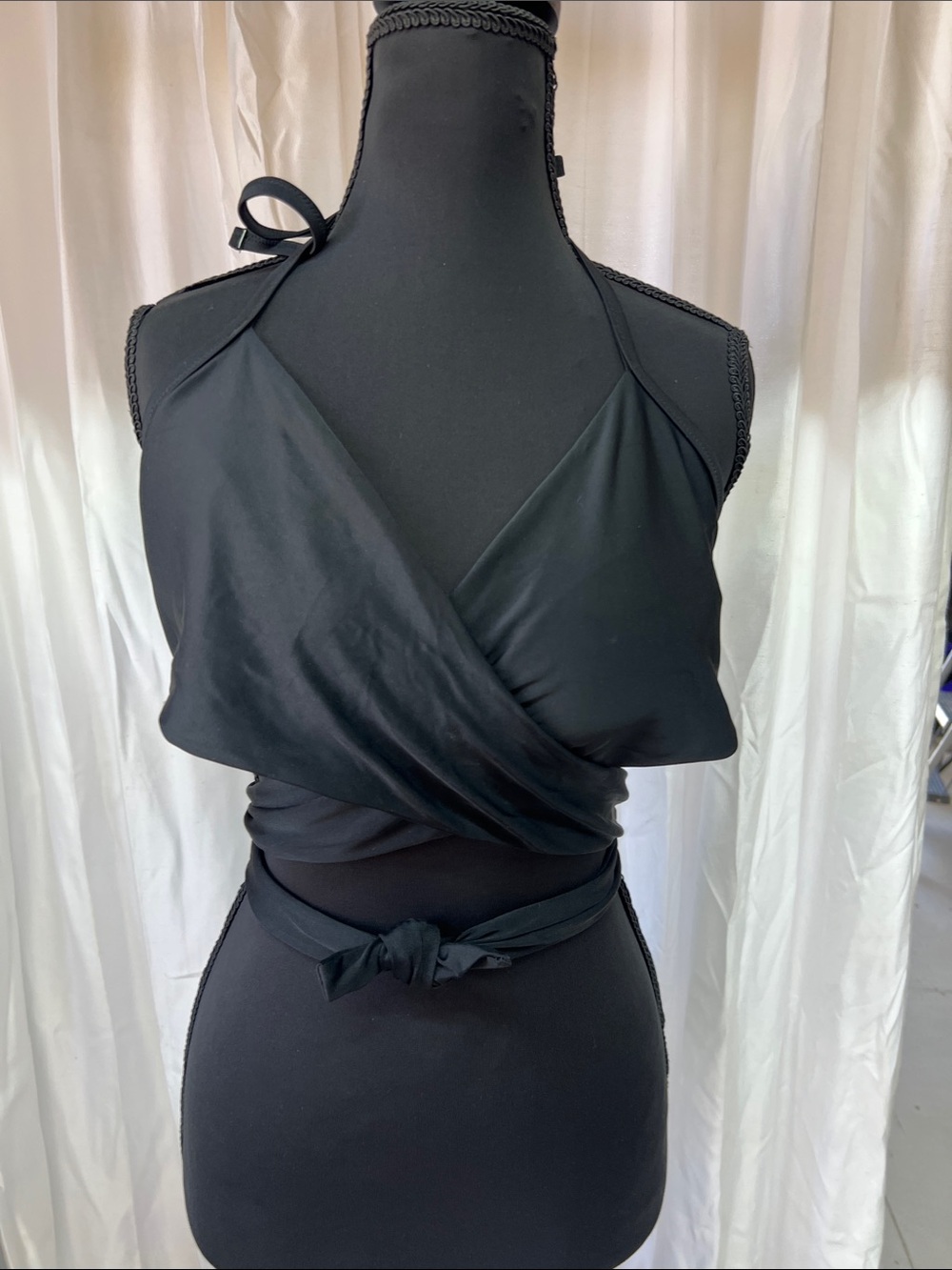 aerie Black Wrap Halter Bikini Top with Waist Tie